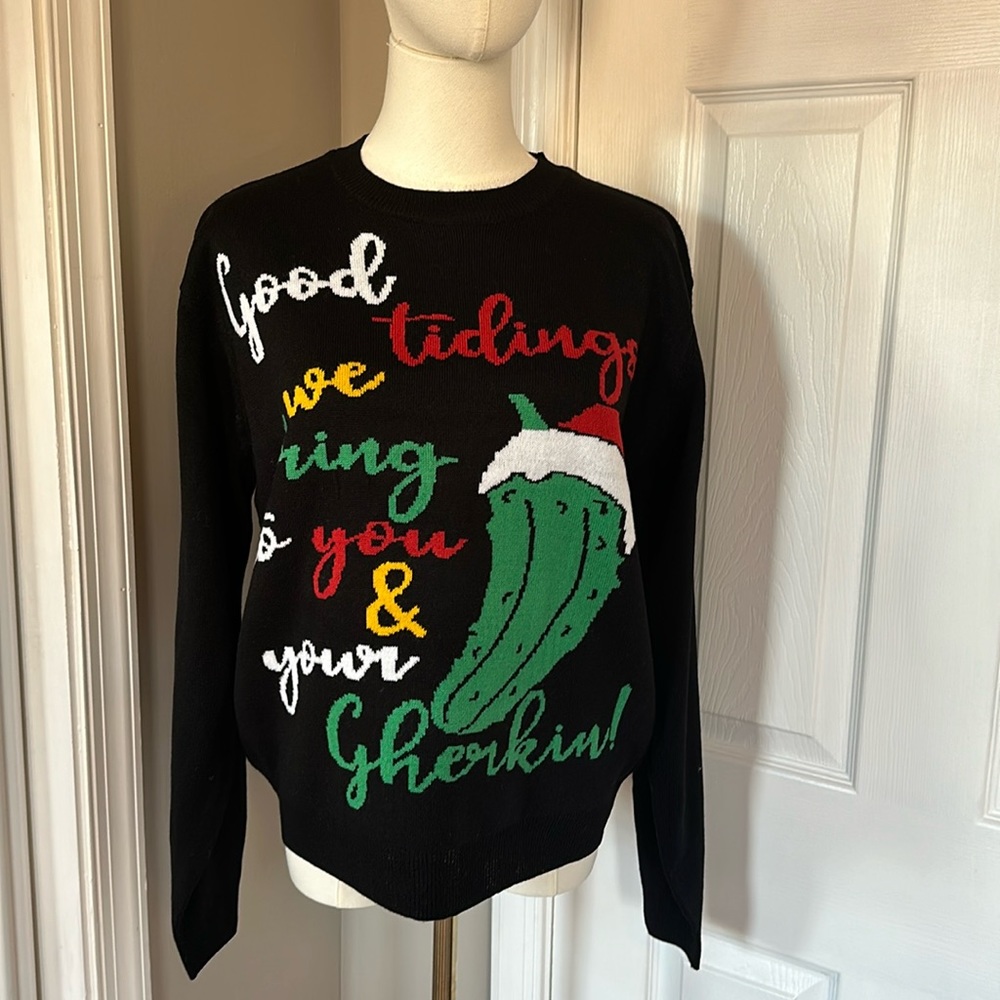 Christmas Sweater - Black with Cute Pickle and saying